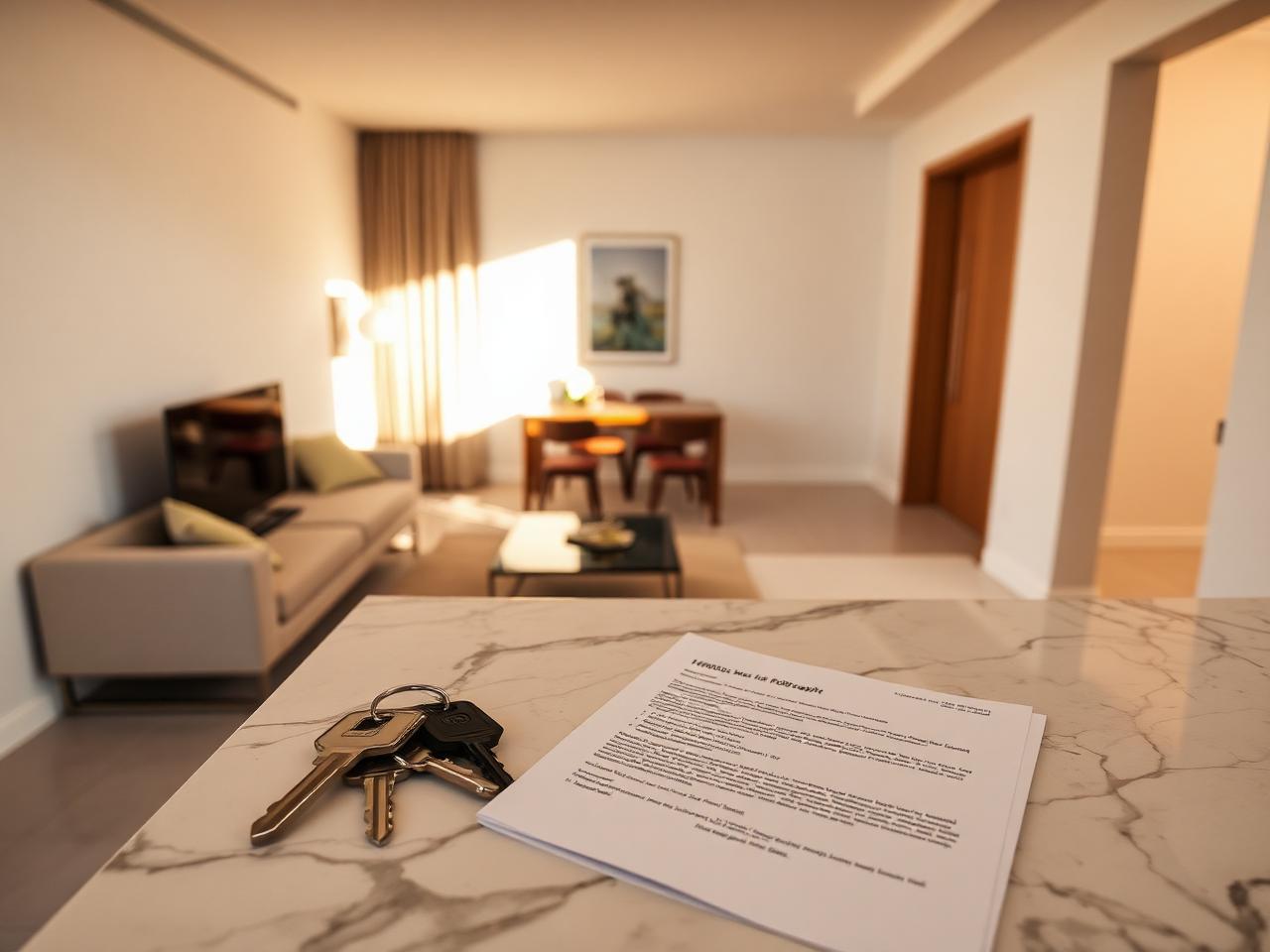 Llaves y contrato de arrendamiento sobre una mesa en un apartamento